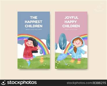 Instagram template with children rainy season concept,watercolor style 