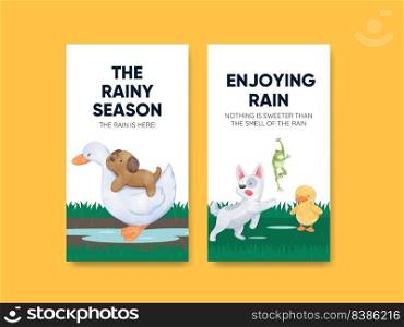 Instagram template with children rainy season concept,watercolor style
