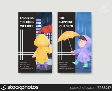 Instagram template with children rainy season concept,watercolor style 