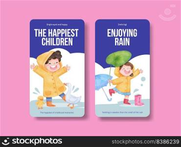 Instagram template with children rainy season concept,watercolor style
