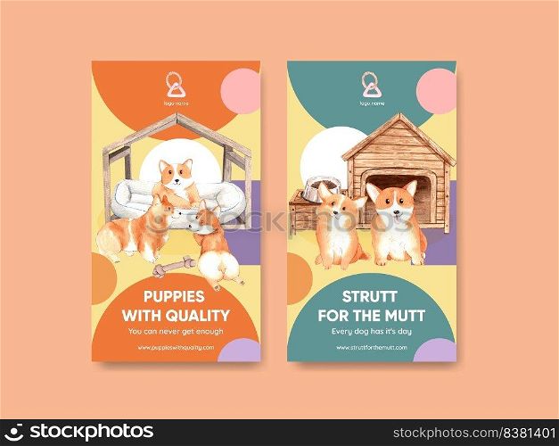 Instagram template with corgi dog concept,watercolor style


