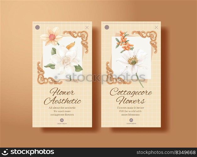 Instagram template with cottagecore flowers concept,watercolor style 