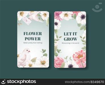Instagram template with cottagecore flowers concept,watercolor style
