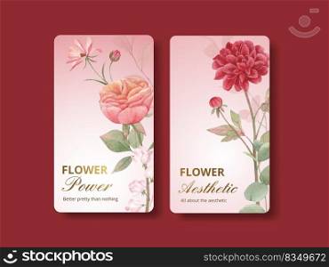 Instagram template with cottagecore flowers concept,watercolor style 