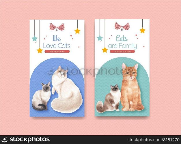 Instagram template with cute cat concept watercolor illustration 