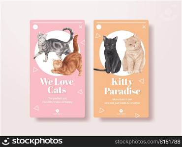 Instagram template with cute cat concept watercolor illustration 