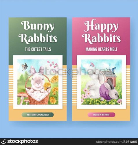 Instagram template with cute rabbit concept,watercolor style 