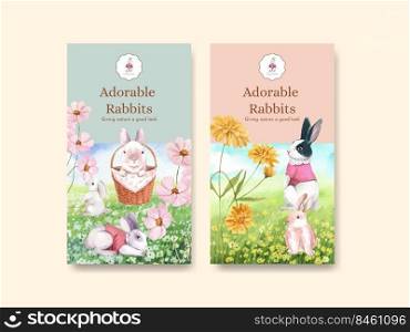 Instagram template with cute rabbit concept,watercolor style 