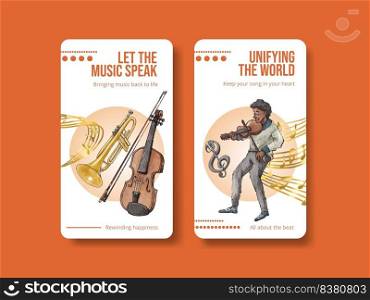 Instagram template with diverse music on street concept,watercolor style 