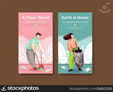 Instagram template with Earth day  concept design for social media and community watercolor illustration 