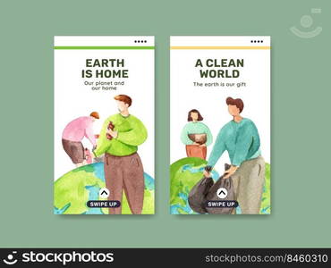 Instagram template with Earth day  concept design for social media and community watercolor illustration 