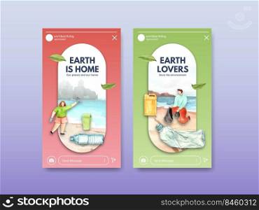 Instagram template with Earth day  concept design for social media and community watercolor illustration 