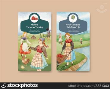 Instagram template with European folk farm life concept,watercolor style 