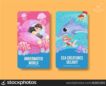 Instagram template with explore ocean world concept,watercolor style
