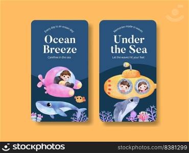 Instagram template with explore ocean world concept,watercolor style 