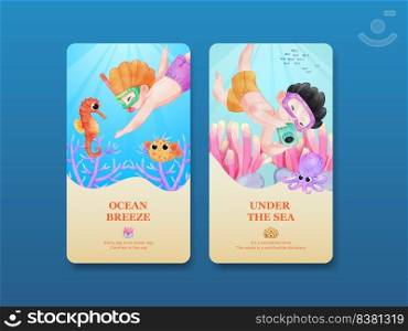 Instagram template with explore ocean world concept,watercolor style 