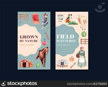 Instagram template with farm organic concept design for online marketing and social media  watercolor  vector illustration.
