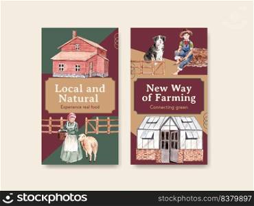 Instagram template with farm organic concept design for online marketing and social media  watercolor  vector illustration. 