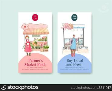 Instagram template with farmer market concept,watercolor 