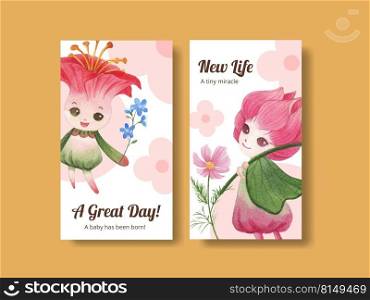Instagram template with floral character concept design watercolor illustration 