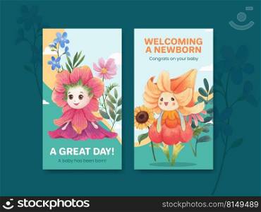 Instagram template with floral character concept design watercolor illustration 
