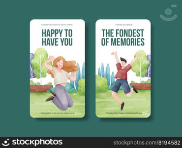 Instagram template with friendship memories concept,watercolor style 