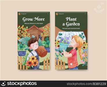 Instagram template with gardening home concept,watercolor style 