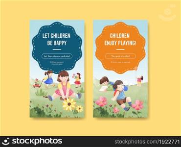Instagram template with happy children concept,watercolor style