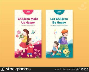 Instagram template with happy children concept,watercolor style 