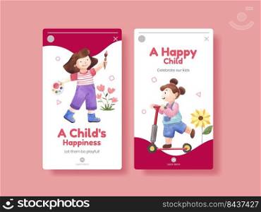 Instagram template with happy children concept,watercolor style
