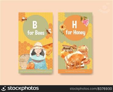 Instagram template with honey concept design for social media watercolor vector illustration