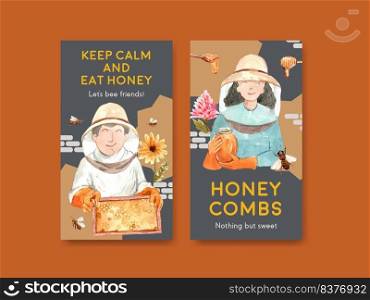 Instagram template with honey concept design for social media watercolor vector illustration