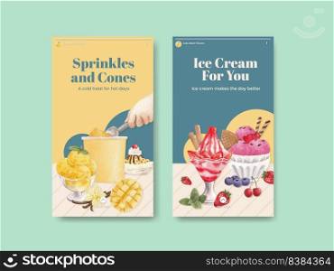 Instagram template with ice cream flavor concept,watercolor style 