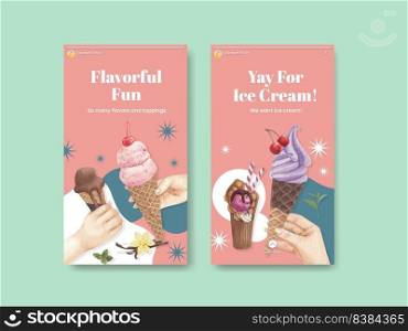 Instagram template with ice cream flavor concept,watercolor style 