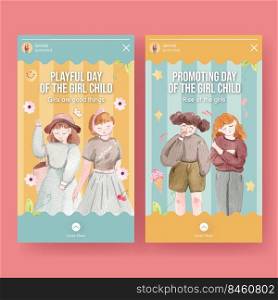 Instagram template with International Day of the Girl Child concept,watercolor style 