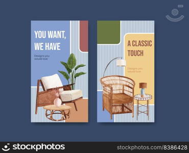 Instagram template with Jassa furniture concept design for social media and online marketing watercolor vector illustration 