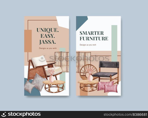 Instagram template with Jassa furniture concept design for social media and online marketing watercolor vector illustration 