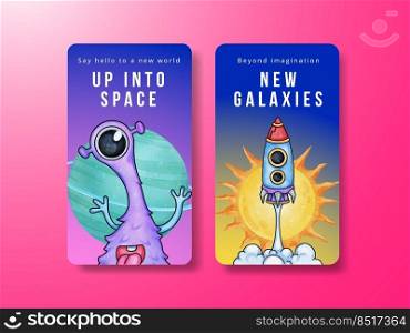 Instagram template with kids explore galaxy concept,watercolor style 