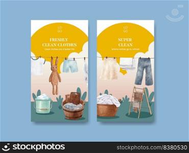 Instagram template with laundry day concept,watercolor style 