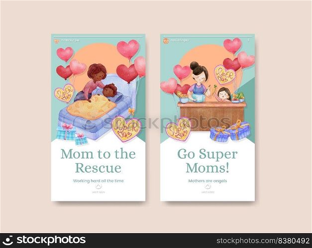Instagram template with love supermom concept,watercolor style 