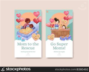 Instagram template with love supermom concept,watercolor style 