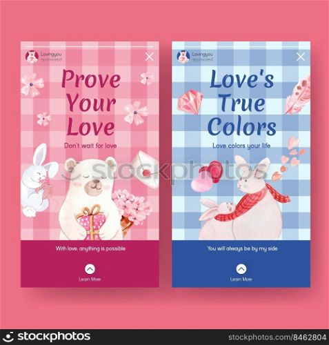 Instagram template with loving you concept for social media and community watercolor vector illustration 