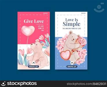 Instagram template with loving you concept for social media and community watercolor vector illustration 