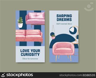Instagram template with luxury furniture concept design social media and digital marketing watercolor vector illustration
