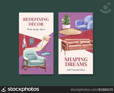 Instagram template with luxury furniture concept design social media and digital marketing watercolor vector illustration 