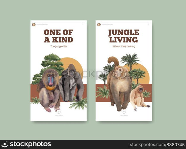 Instagram template with monkey in the jungle concept,watercolor style 