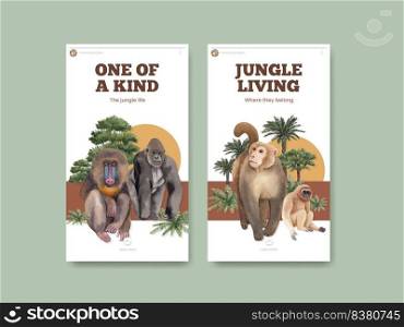 Instagram template with monkey in the jungle concept,watercolor style 