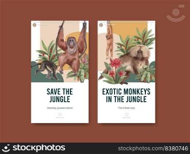 Instagram template with monkey in the jungle concept,watercolor style 