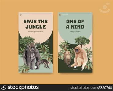 Instagram template with monkey in the jungle concept,watercolor style
