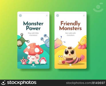 Instagram template with monster concept design watercolor illustration 